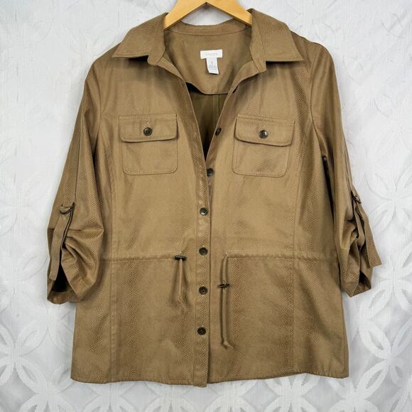 Chicos Pebbled Touch Liam Jacket Tan 3/4 Sleeve Adjustable Waist Size 1 Medium - Picture 4 of 6